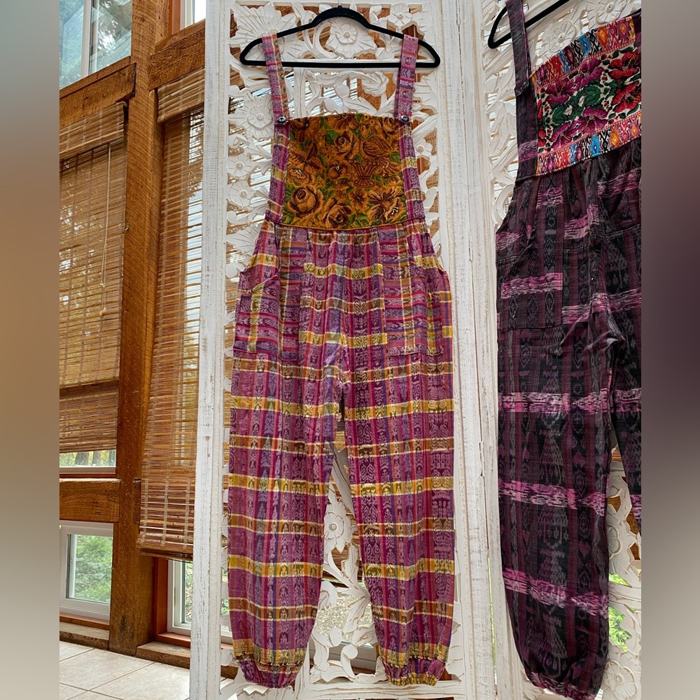 Colorful Pink Embroidered Overalls – Boho Patchwork Jumpsuit – Medium